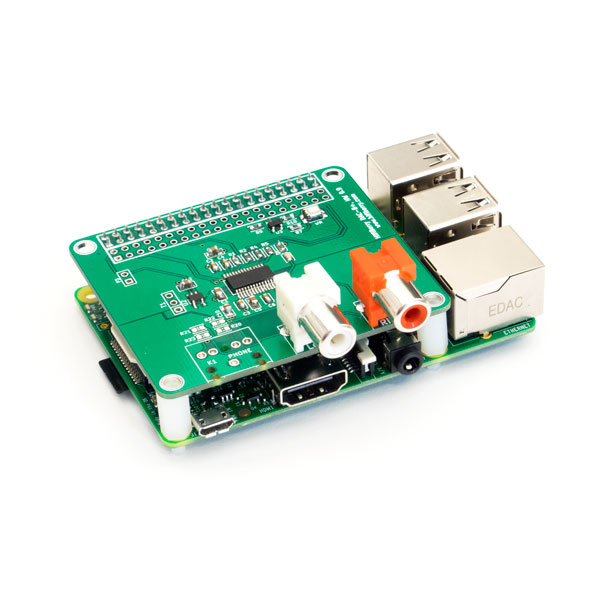 Image of the HiFiBerry DAC+ sound card mounted on a Raspberry Pi